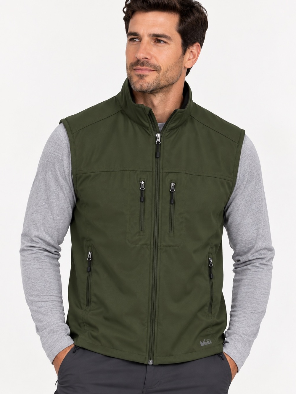 REI Men’s Large Olive Green Softshell Vest Full Zip 4 Pocket Outdoor Hiking